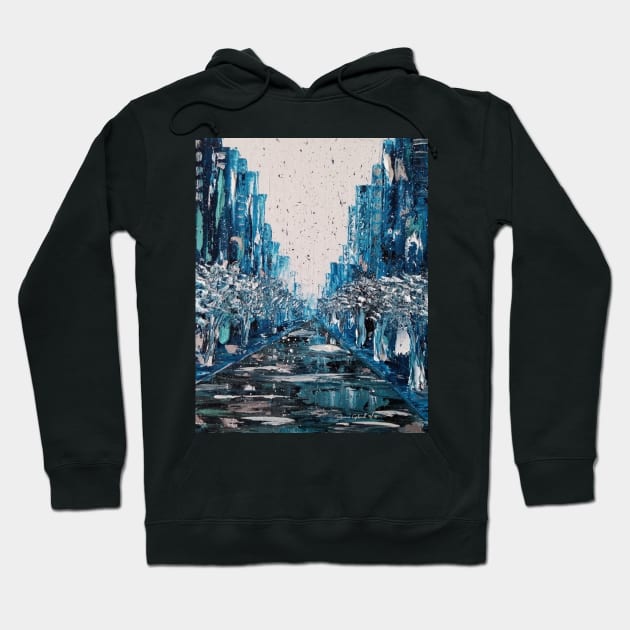 Frosty City, Cold NYC, Beautiful Winter, Snowy Day, Snow Day, Snowy City, Ice Cold City, Blue and White, Frost and Snow Hoodie by roxanegabriel